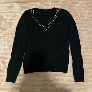 JEANNE PIERRE Black V-Neck Sweater with Pearl Accents